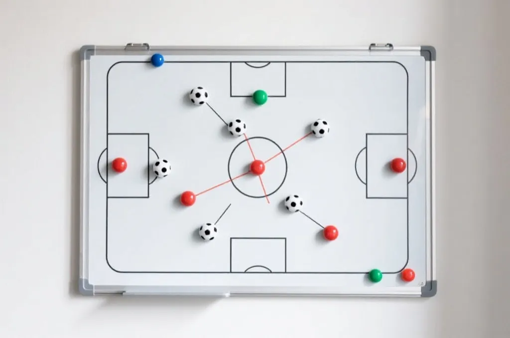 A clean conceptual tactical board with magnetic soccer pieces and strategy lines drawn, showing structured planning