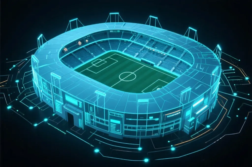 A stylized conceptual illustration of a soccer stadium rendered as a glowing data network, futuristic tech aesthetic, dark background
